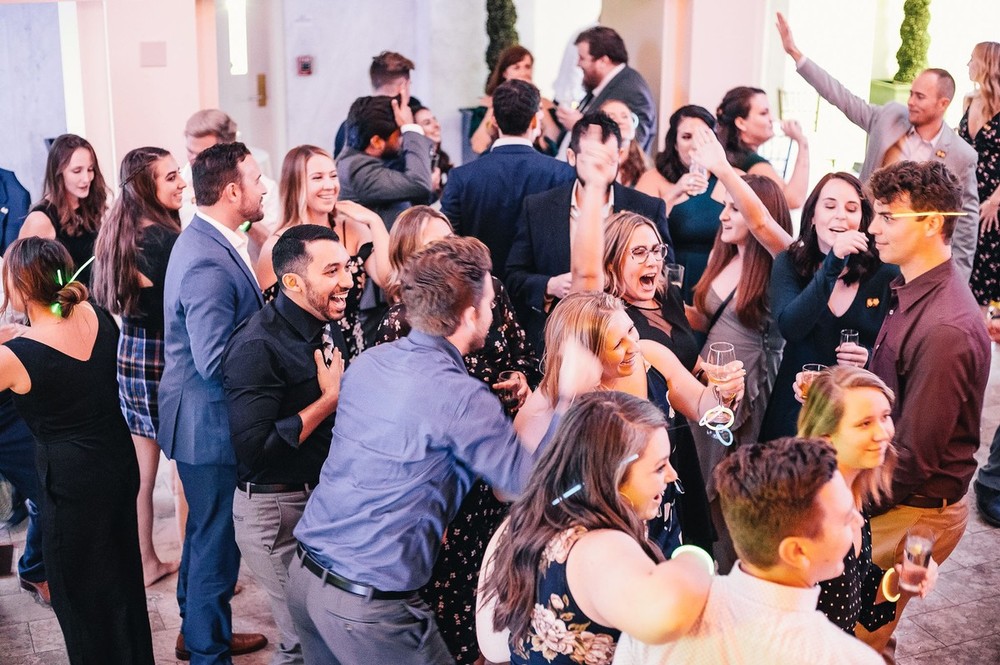Guests celebrating together on the dance floor at Providence Public Library